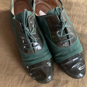 Repetto Patent Leather & Fabric Green Oxford Flats, Sz 39